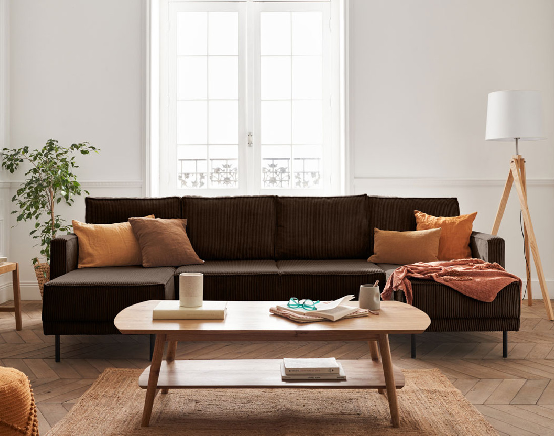 Canapé panoramique convertible avec coffre en velours côtelé 7 places Charlie