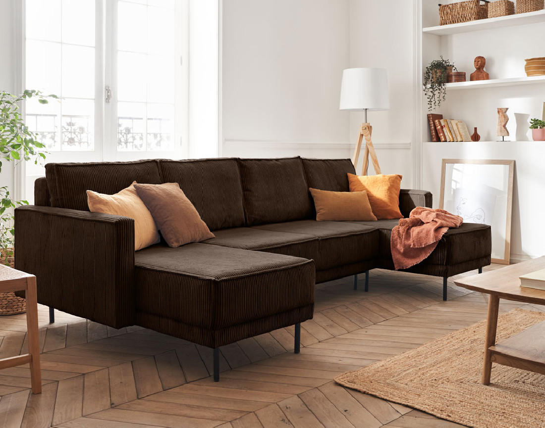 Canapé panoramique convertible avec coffre en velours côtelé 7 places Charlie
