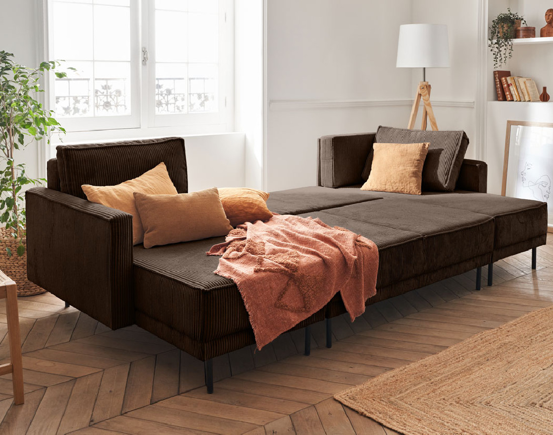 Canapé panoramique convertible avec coffre en velours côtelé 7 places Charlie