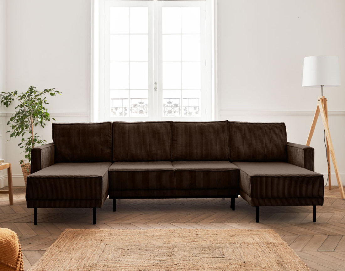 Canapé panoramique convertible avec coffre en velours côtelé 7 places Charlie