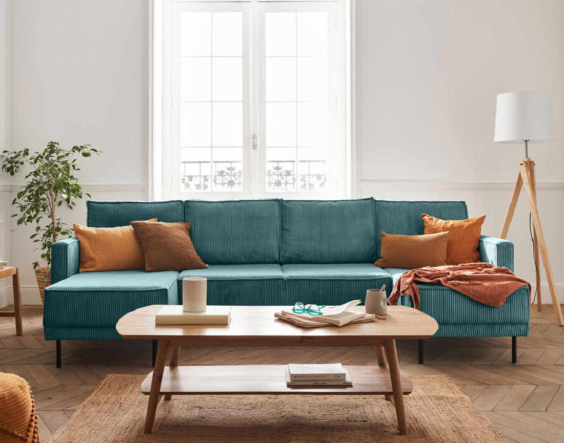 Canapé panoramique convertible avec coffre en velours côtelé 7 places Charlie