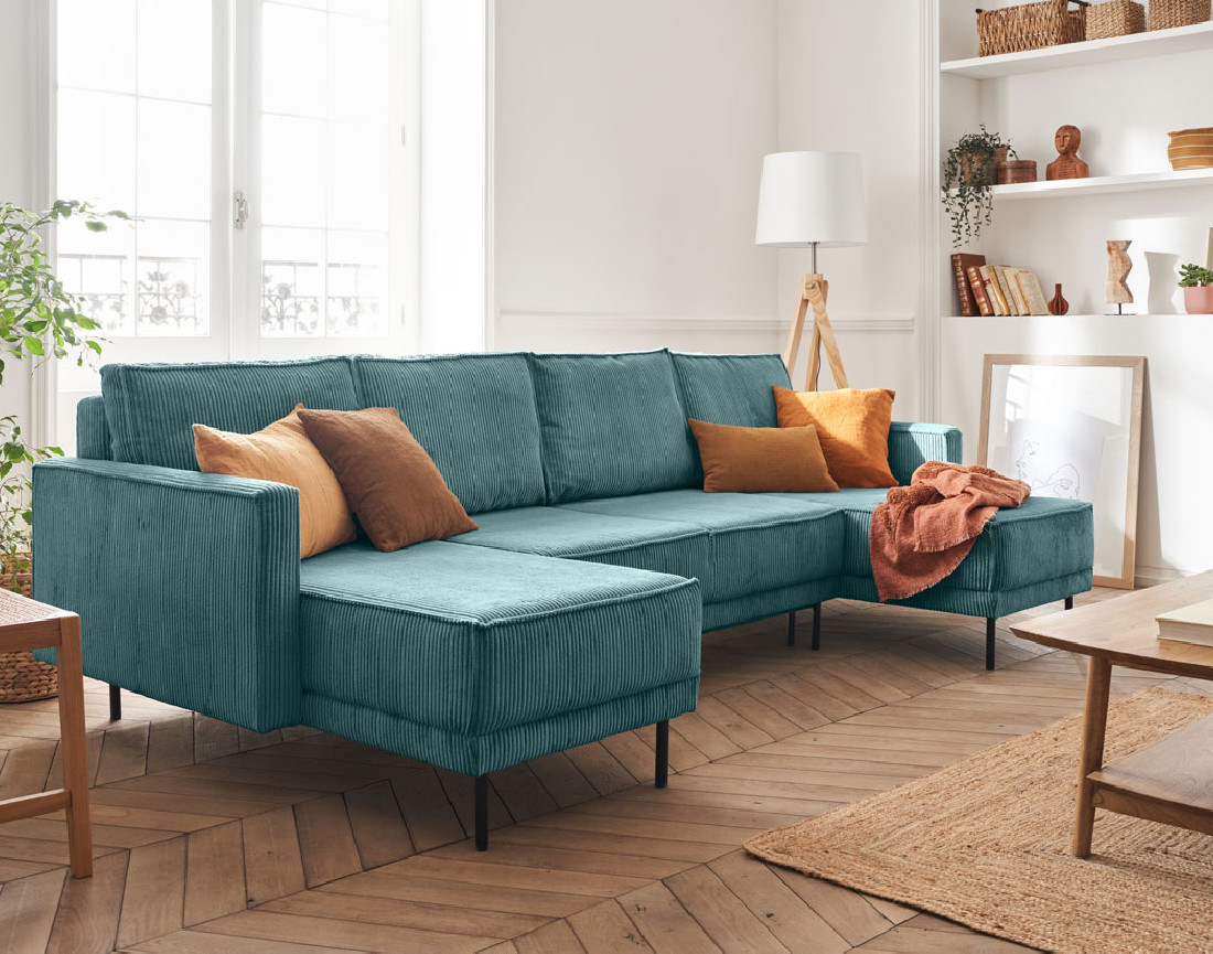 Canapé panoramique convertible avec coffre en velours côtelé 7 places Charlie