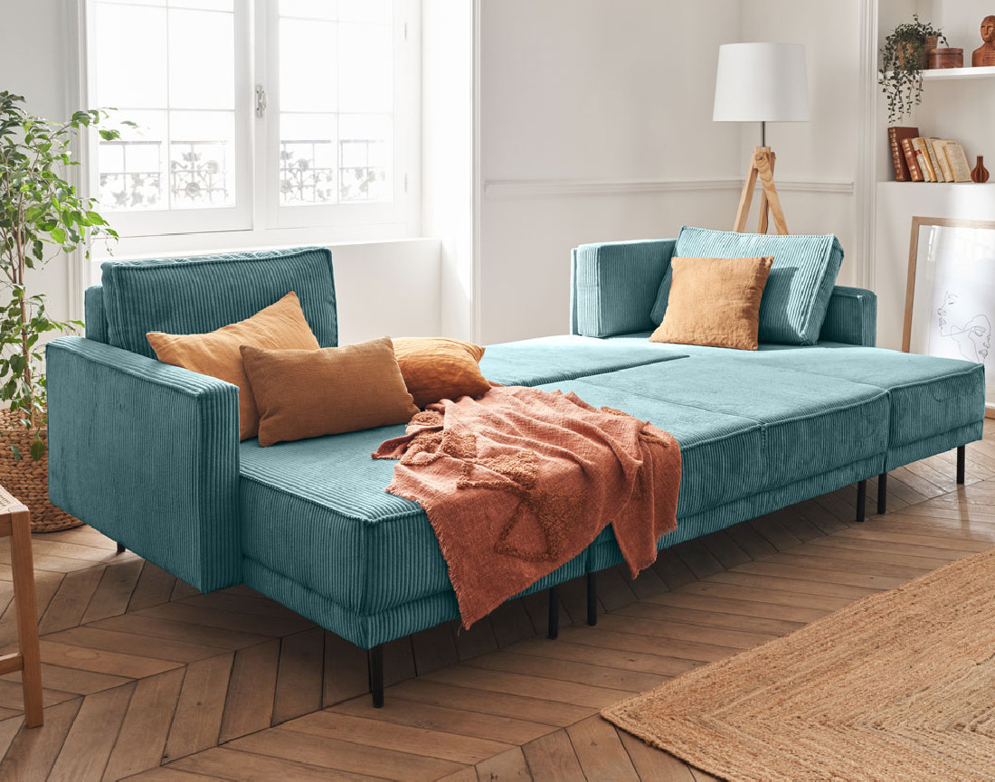 Canapé panoramique convertible avec coffre en velours côtelé 7 places Charlie