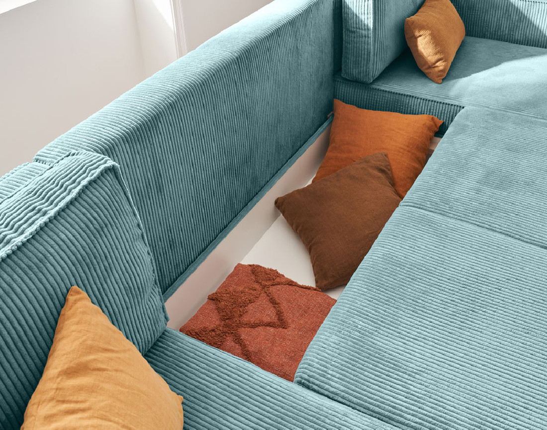 Canapé panoramique convertible avec coffre en velours côtelé 7 places Charlie