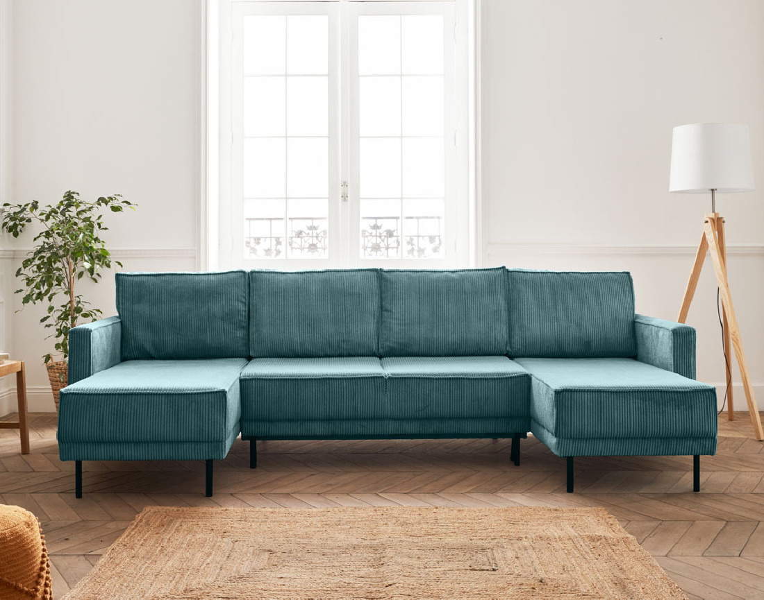 Canapé panoramique convertible avec coffre en velours côtelé 7 places Charlie