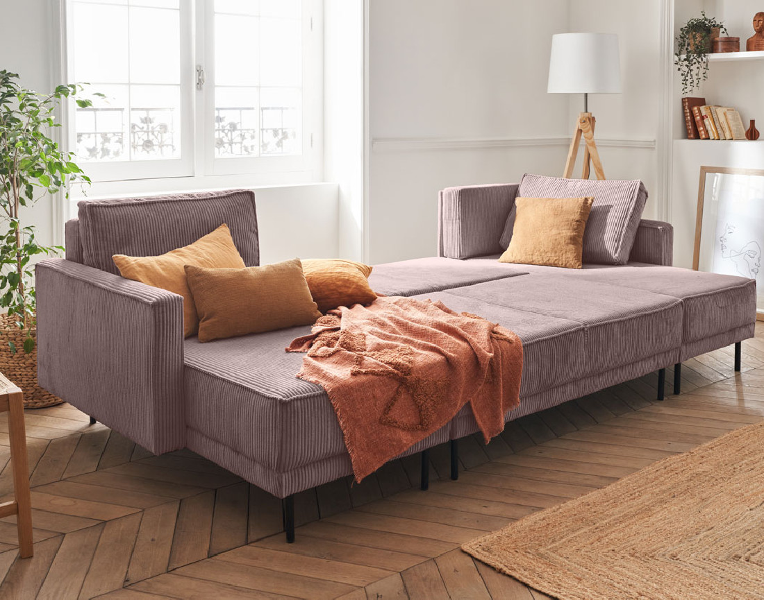 Canapé panoramique convertible avec coffre en velours côtelé 7 places Charlie