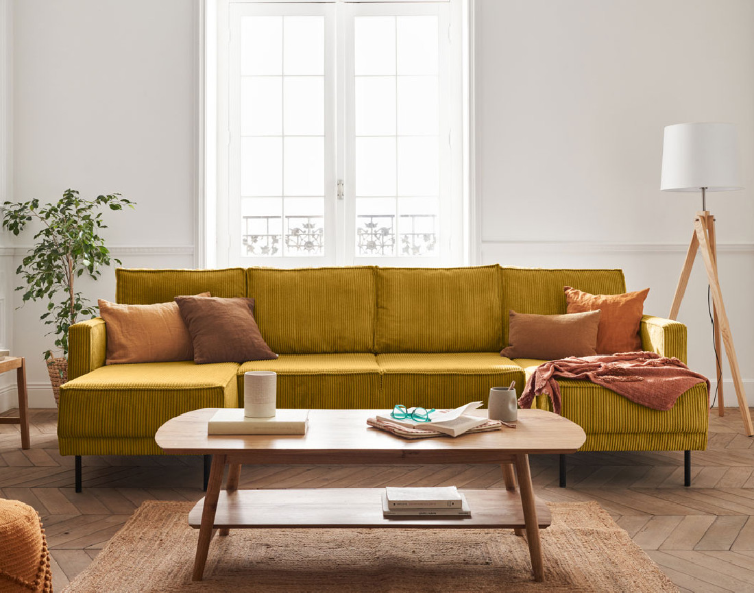 Canapé panoramique convertible avec coffre en velours côtelé 7 places Charlie