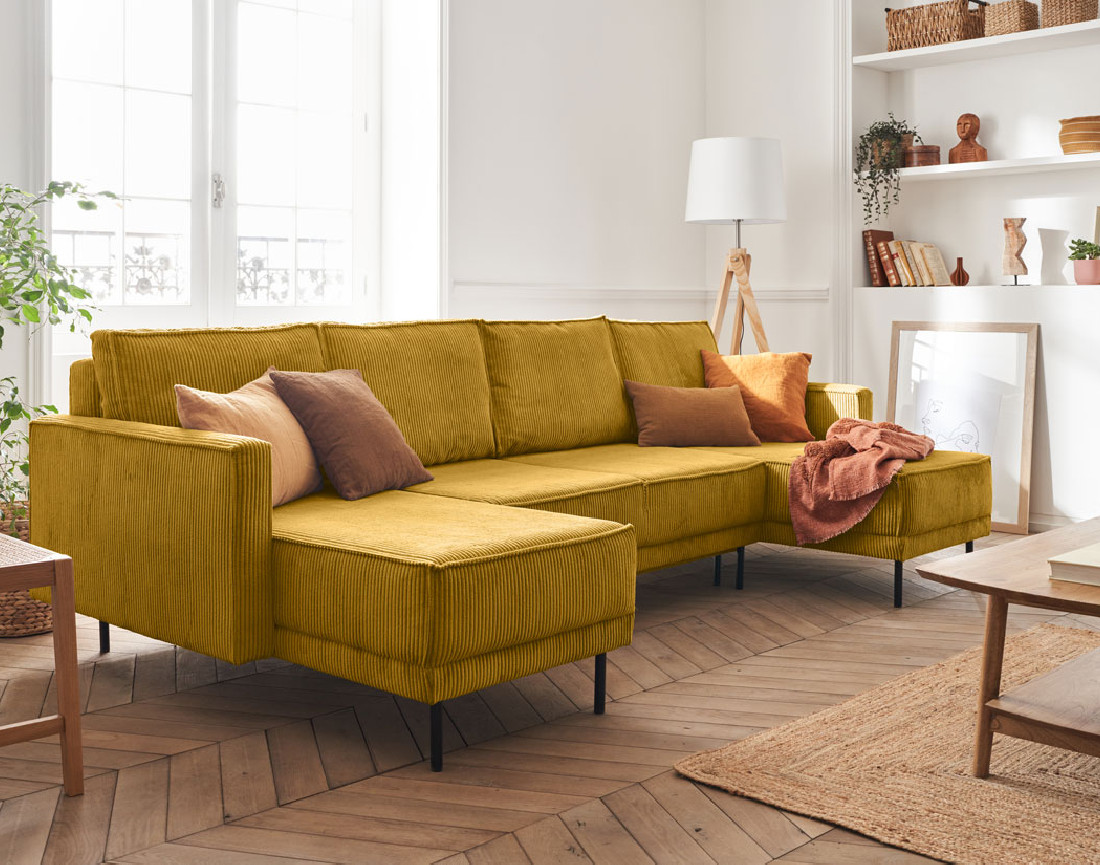 Canapé panoramique convertible avec coffre en velours côtelé 7 places Charlie