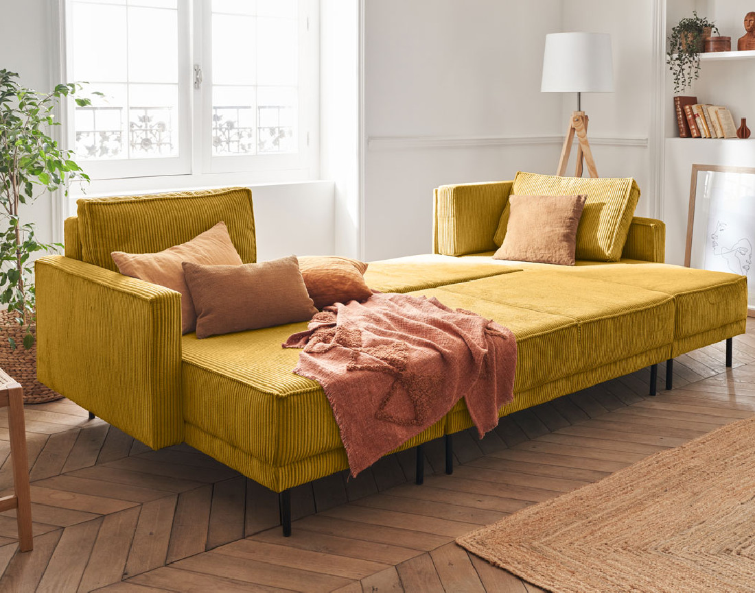 Canapé panoramique convertible avec coffre en velours côtelé 7 places Charlie