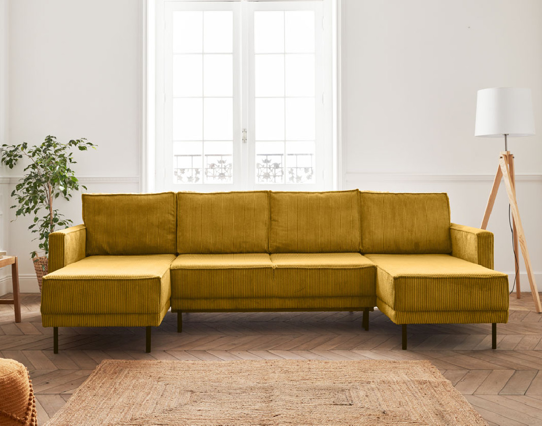 Canapé panoramique convertible avec coffre en velours côtelé 7 places Charlie