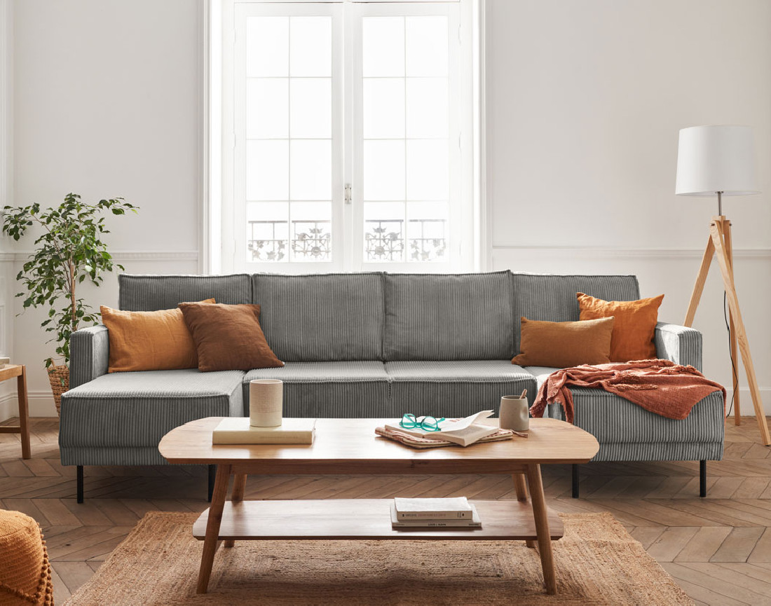 Canapé panoramique convertible avec coffre en velours côtelé 7 places Charlie