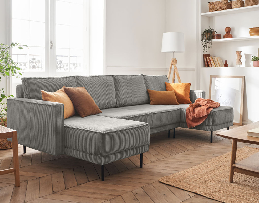 Canapé panoramique convertible avec coffre en velours côtelé 7 places Charlie