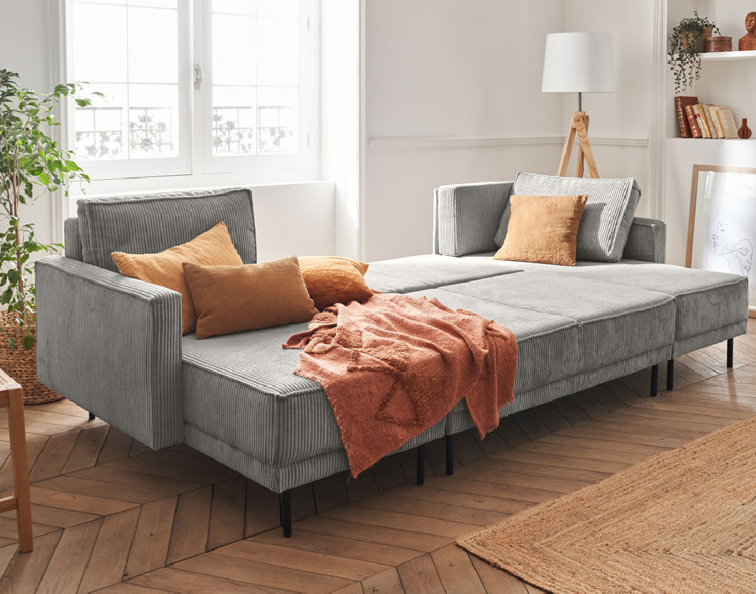 Canapé panoramique convertible avec coffre en velours côtelé 7 places Charlie