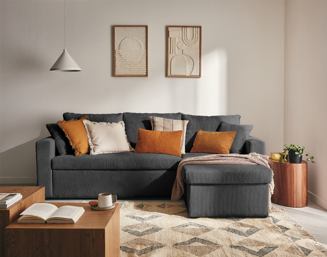 Canapé d'angle réversible 4 places convertible avec coffre en velours côtelé Cyrus