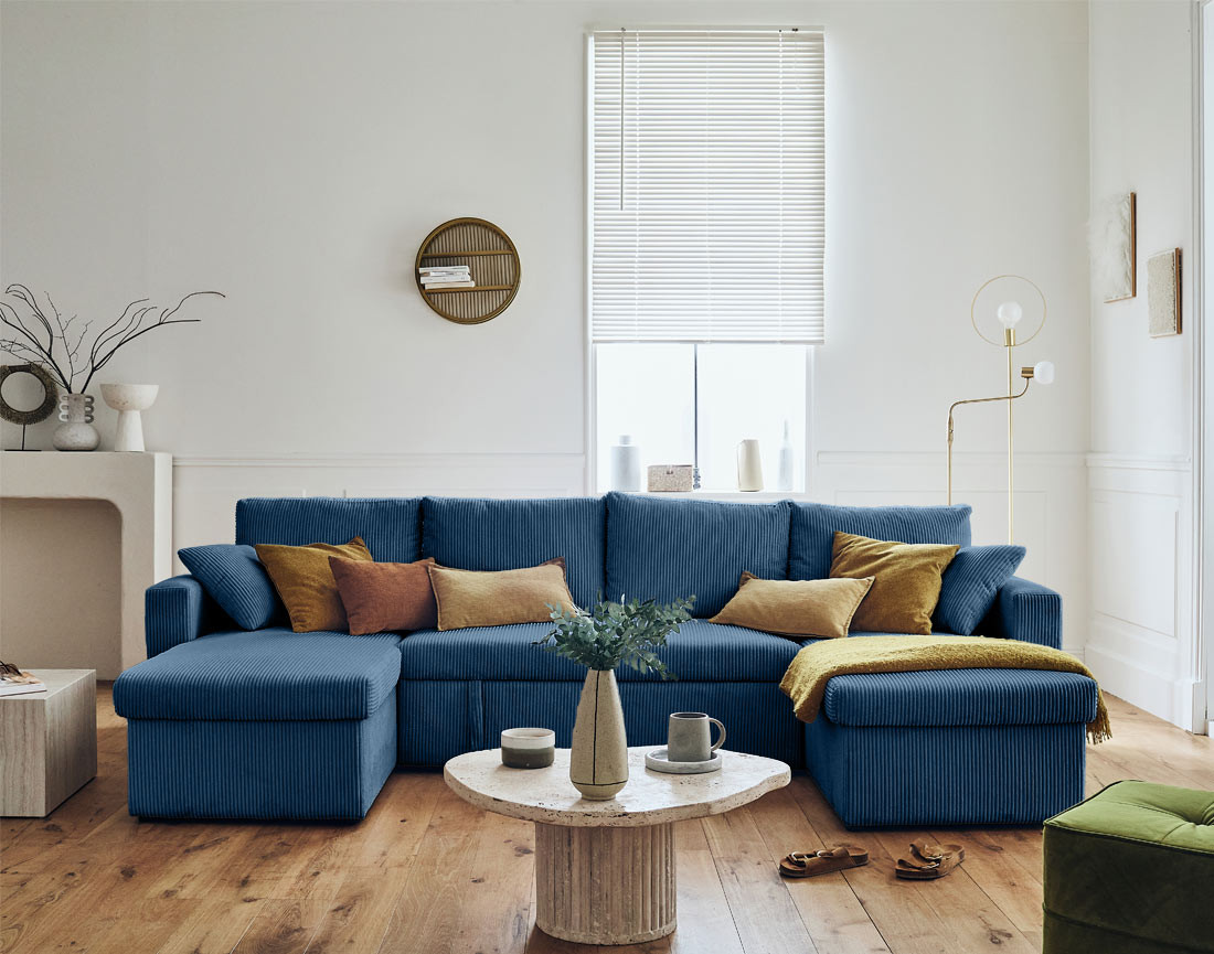 Canapé panoramique en U 7 places convertible avec coffre en velours côtelé Cyrus