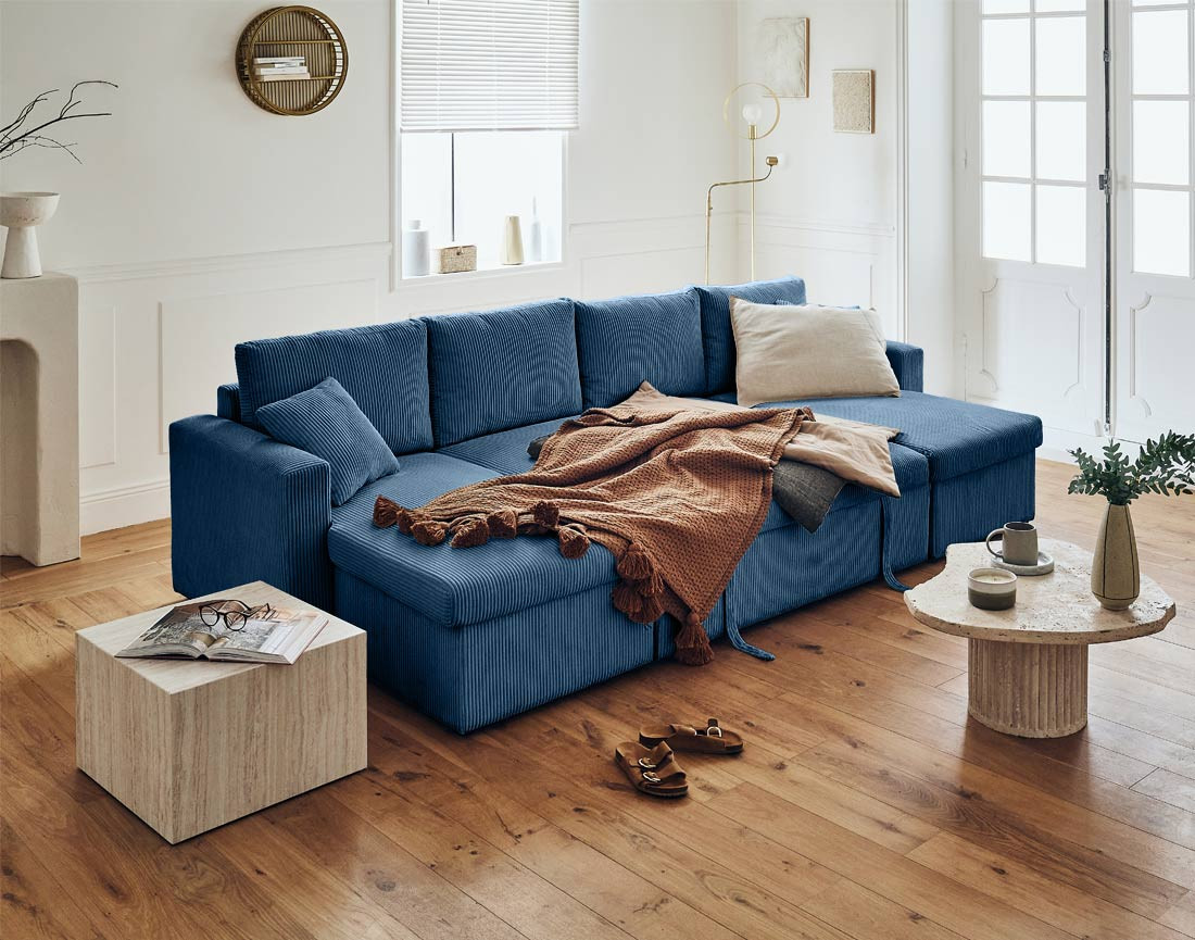 Canapé panoramique en U 7 places convertible avec coffre en velours côtelé Cyrus