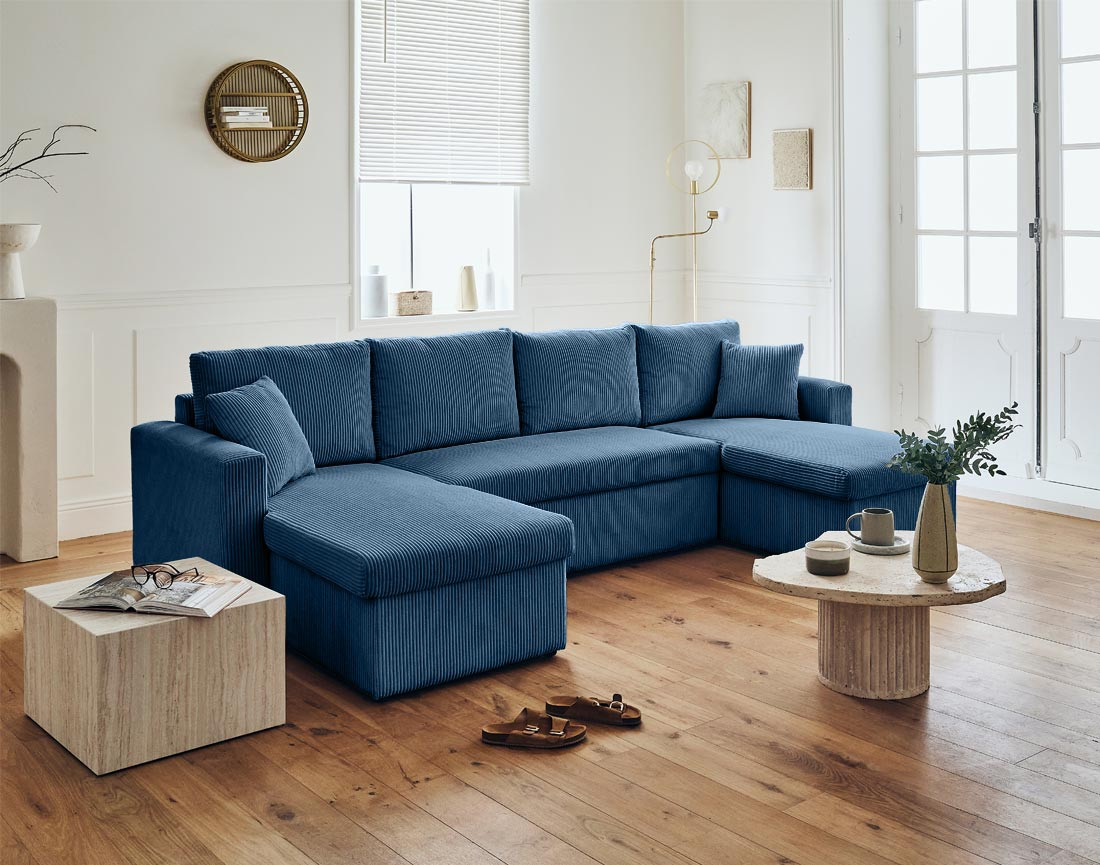 Canapé panoramique en U 7 places convertible avec coffre en velours côtelé Cyrus