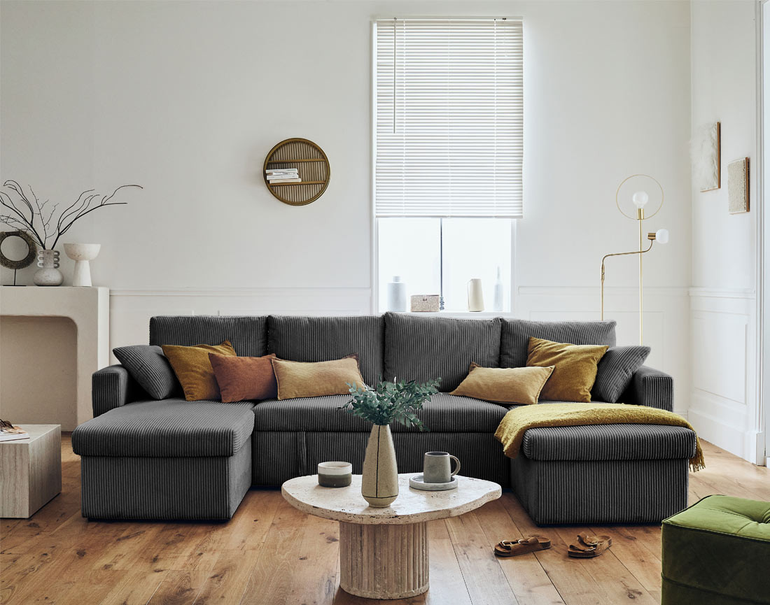 Canapé panoramique en U 7 places convertible avec coffre en velours côtelé Cyrus