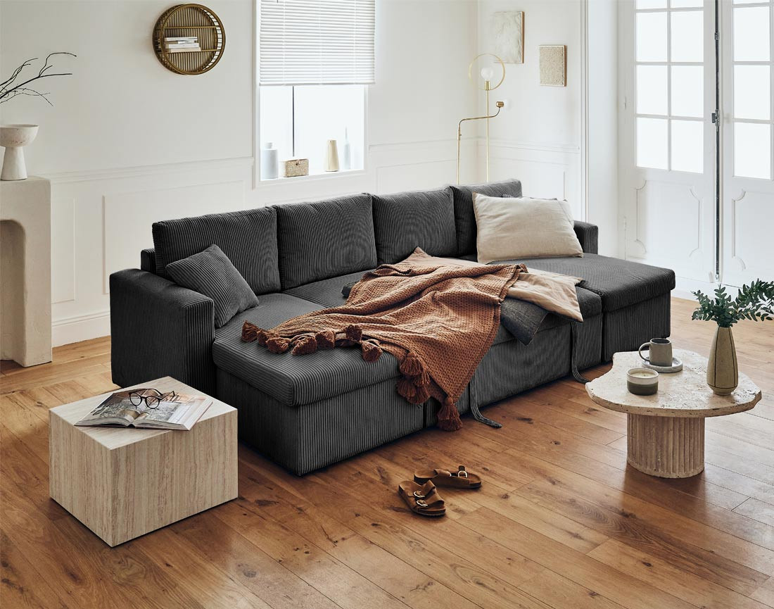 Canapé panoramique en U 7 places convertible avec coffre en velours côtelé Cyrus