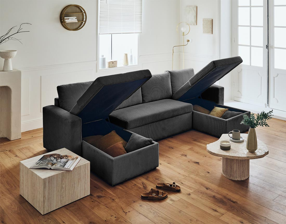 Canapé panoramique en U 7 places convertible avec coffre en velours côtelé Cyrus