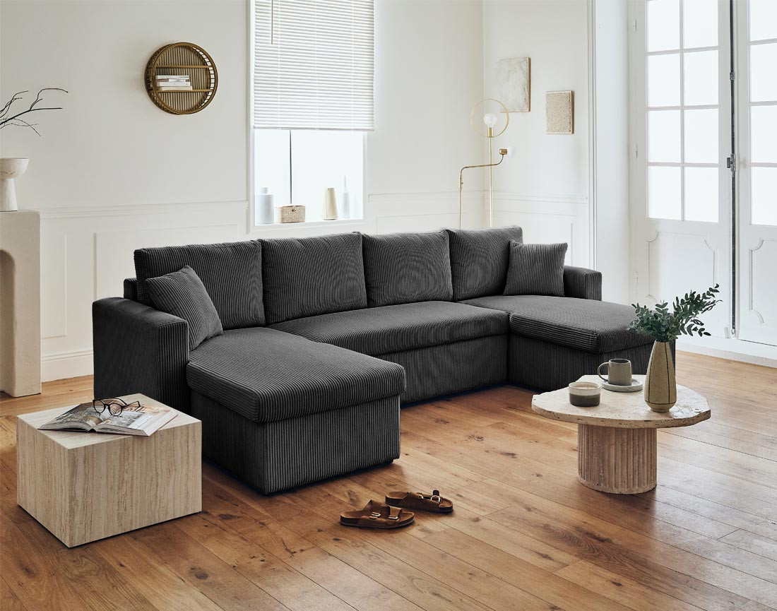 Canapé panoramique en U 7 places convertible avec coffre en velours côtelé Cyrus