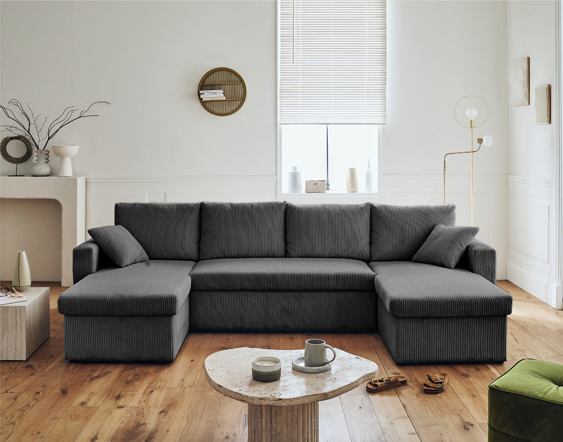 Canapé panoramique en U 7 places convertible avec coffre en velours côtelé Cyrus
