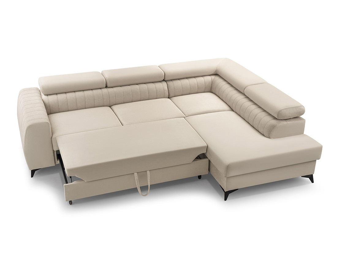 Canapé d'angle droit 5 places convertible, coffre, têtières en velours Aneta