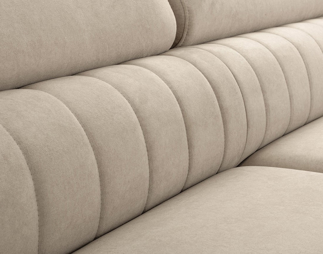 Canapé d'angle droit 5 places convertible, coffre, têtières en velours Aneta