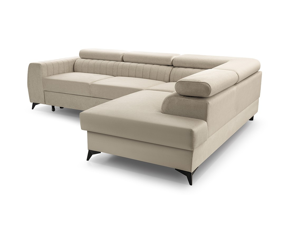 Canapé d'angle droit 5 places convertible, coffre, têtières en velours Aneta