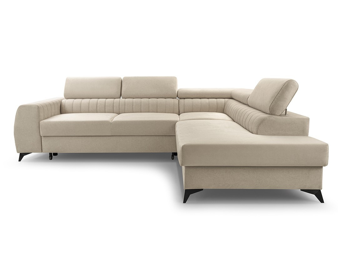 Canapé d'angle droit 5 places convertible, coffre, têtières en velours Aneta