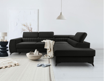 Canapé d'angle droit 5 places convertible, coffre, têtières en velours Aneta