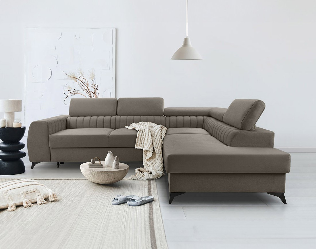 Canapé d'angle droit 5 places convertible, coffre, têtières en velours Aneta