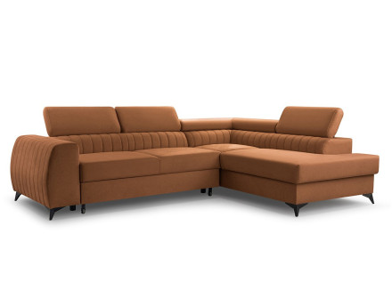 Canapé d'angle droit 5 places convertible, coffre, têtières en velours Aneta