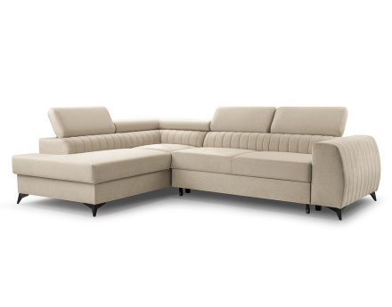 Canapé d'angle gauche 5 places convertible, coffre, têtières en velours Aneta