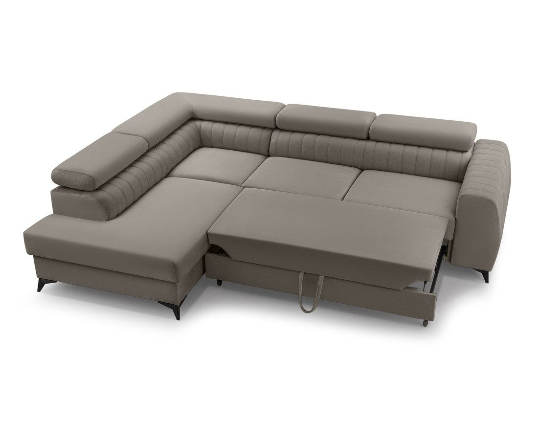 Canapé d'angle gauche 5 places convertible, coffre, têtières en velours Aneta