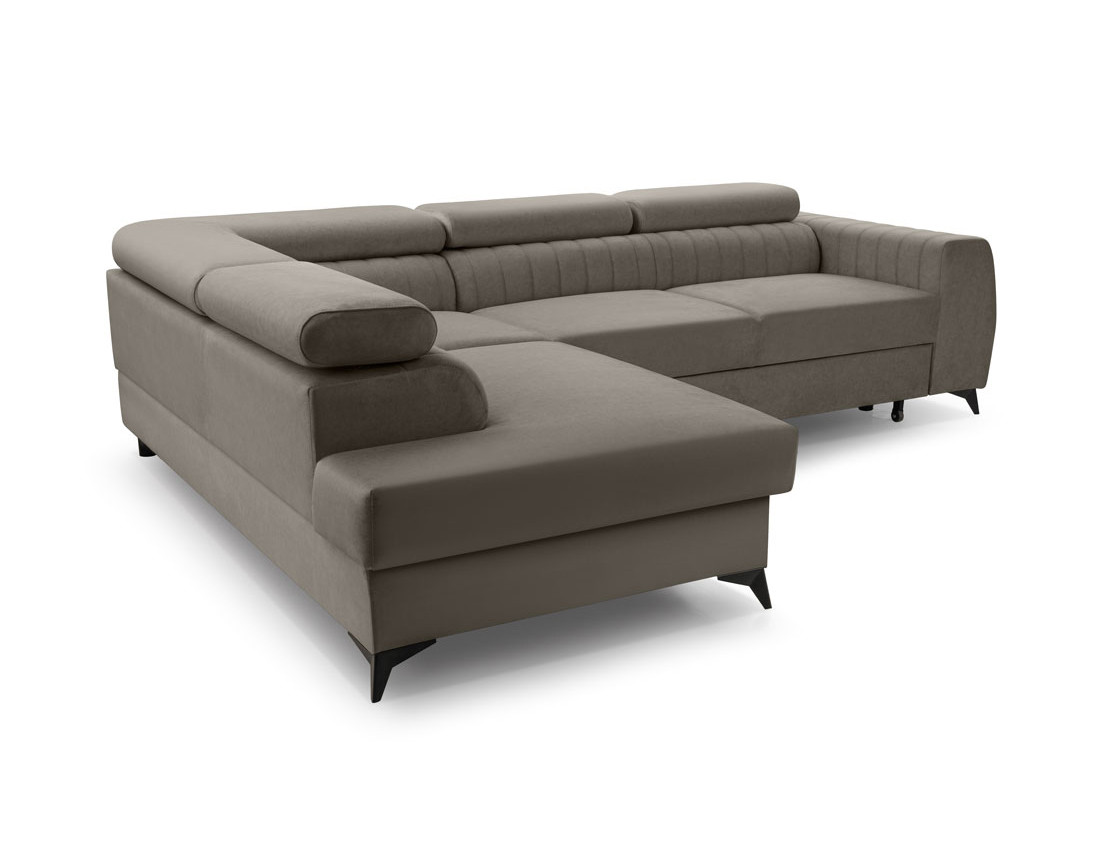 Canapé d'angle gauche 5 places convertible, coffre, têtières en velours Aneta