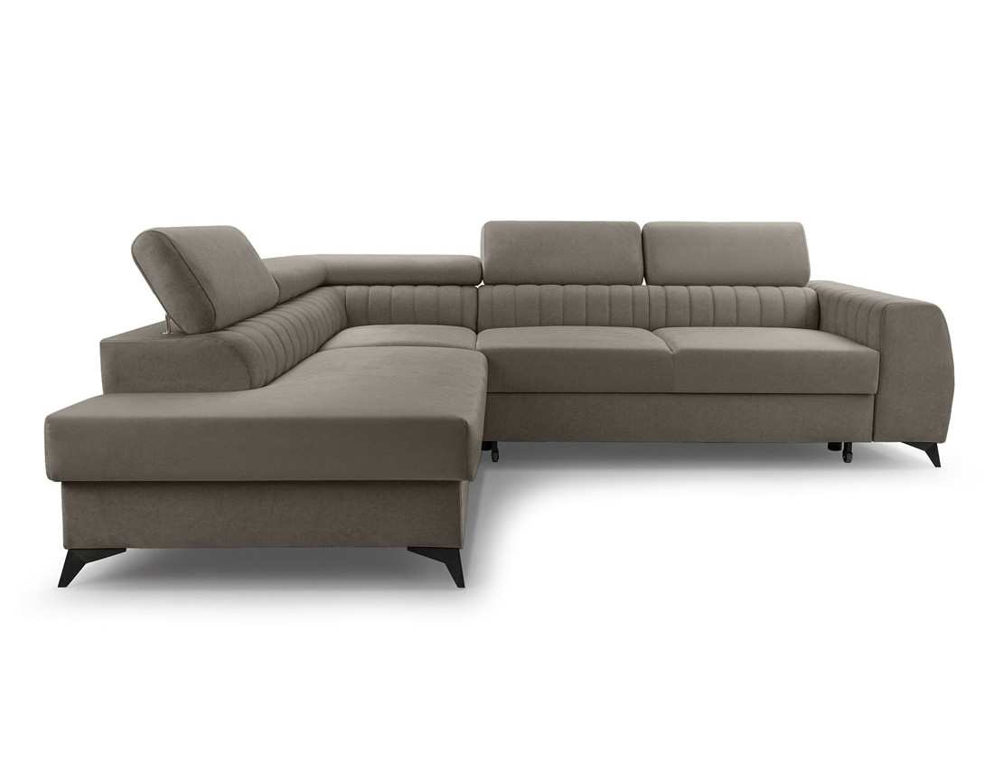 Canapé d'angle gauche 5 places convertible, coffre, têtières en velours Aneta