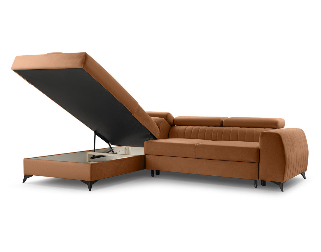 Canapé d'angle gauche 5 places convertible, coffre, têtières en velours Aneta