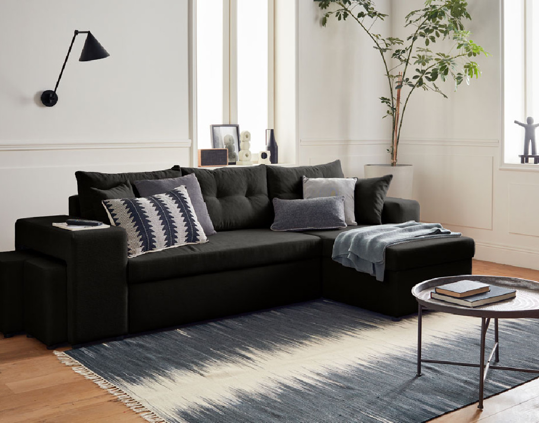 California - canapé d'angle réversible convertible 4 places avec poufs, coffre et tablette de rangement en velours côtelé