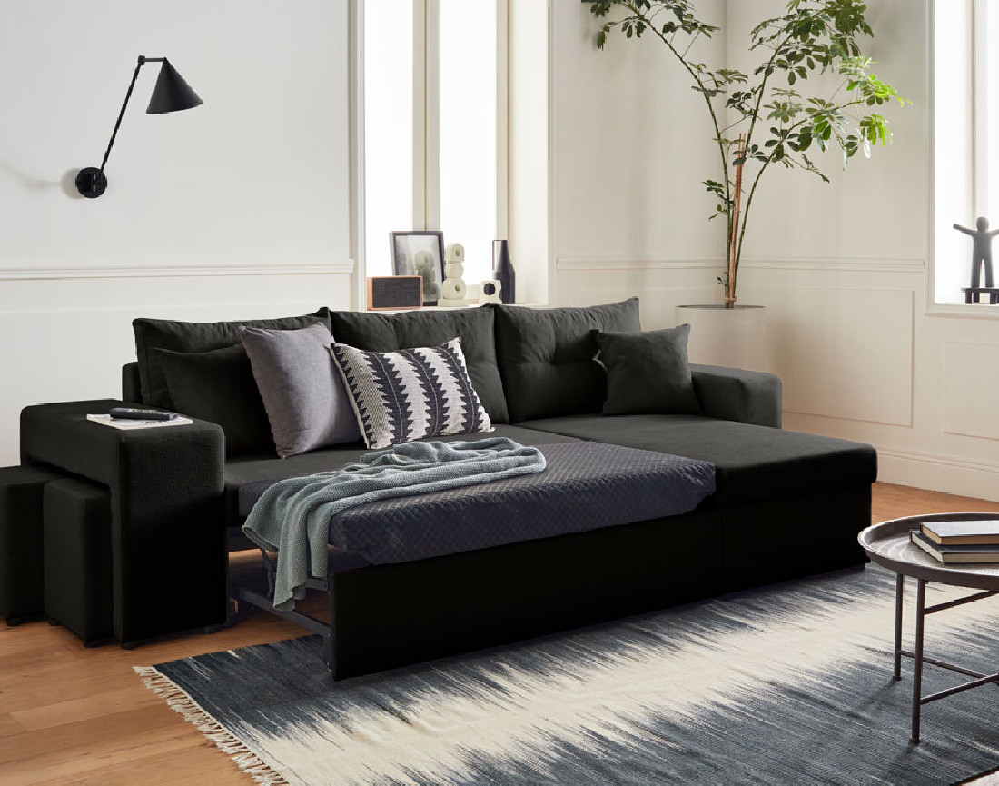 California - canapé d'angle réversible convertible 4 places avec poufs, coffre et tablette de rangement en velours côtelé