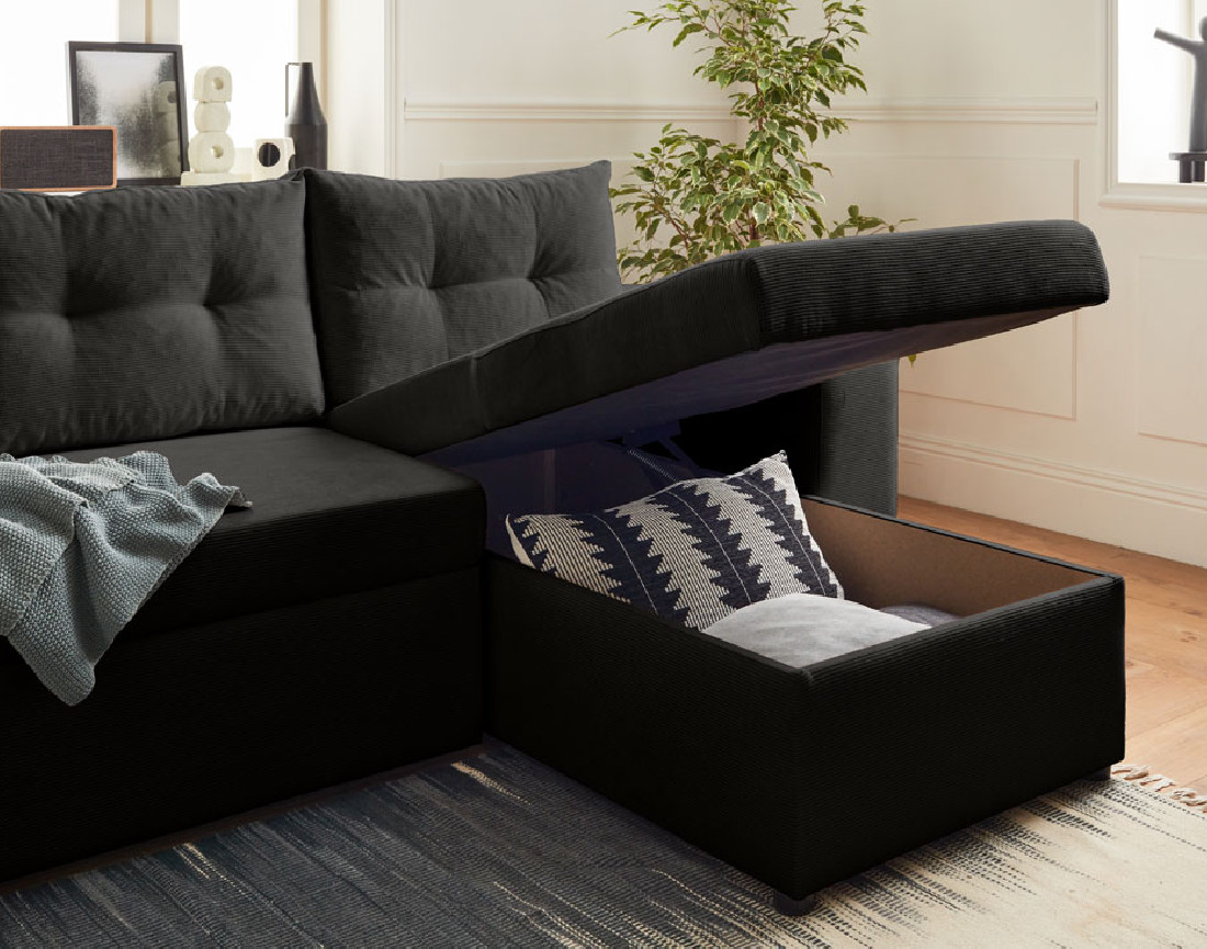 California - canapé d'angle réversible convertible 4 places avec poufs, coffre et tablette de rangement en velours côtelé