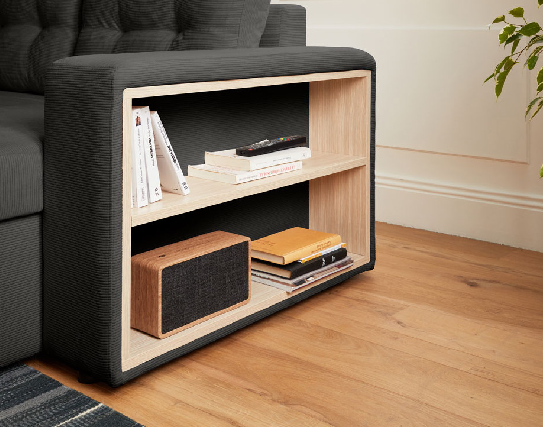 California - canapé d'angle réversible convertible 4 places avec poufs, coffre et tablette de rangement en velours côtelé