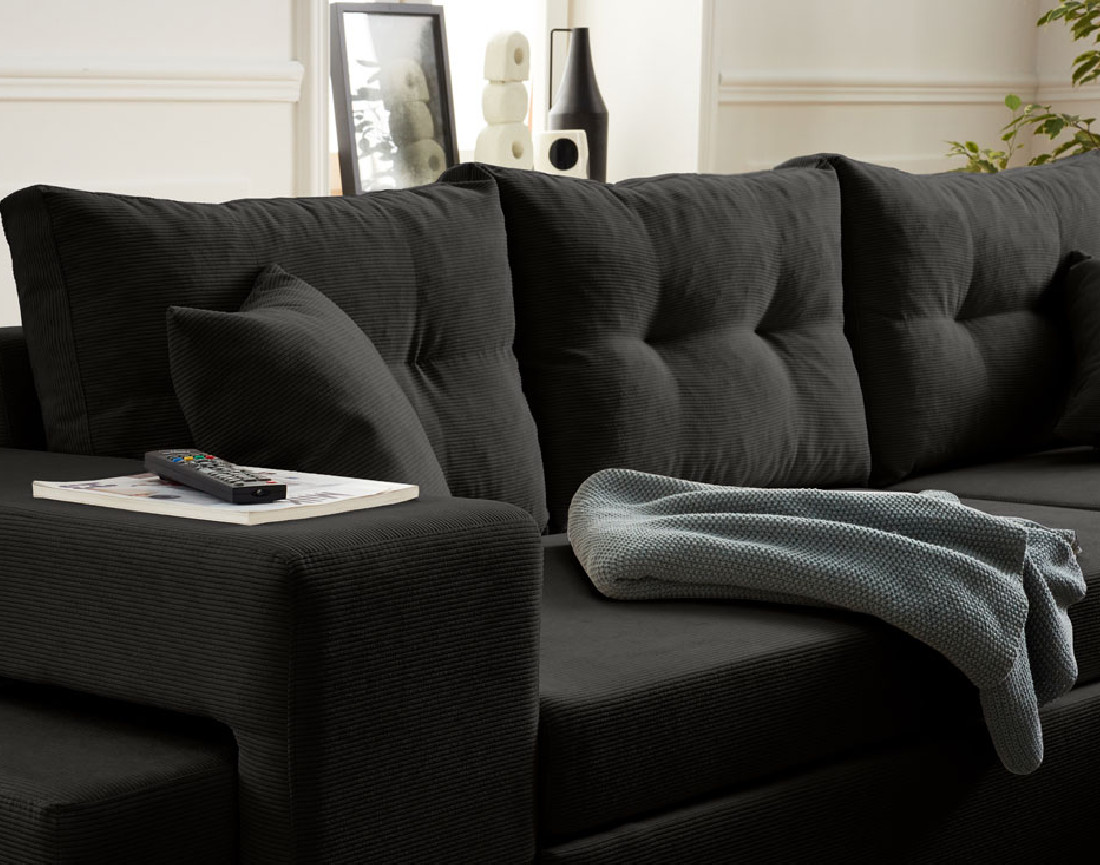 California - canapé d'angle réversible convertible 4 places avec poufs, coffre et tablette de rangement en velours côtelé