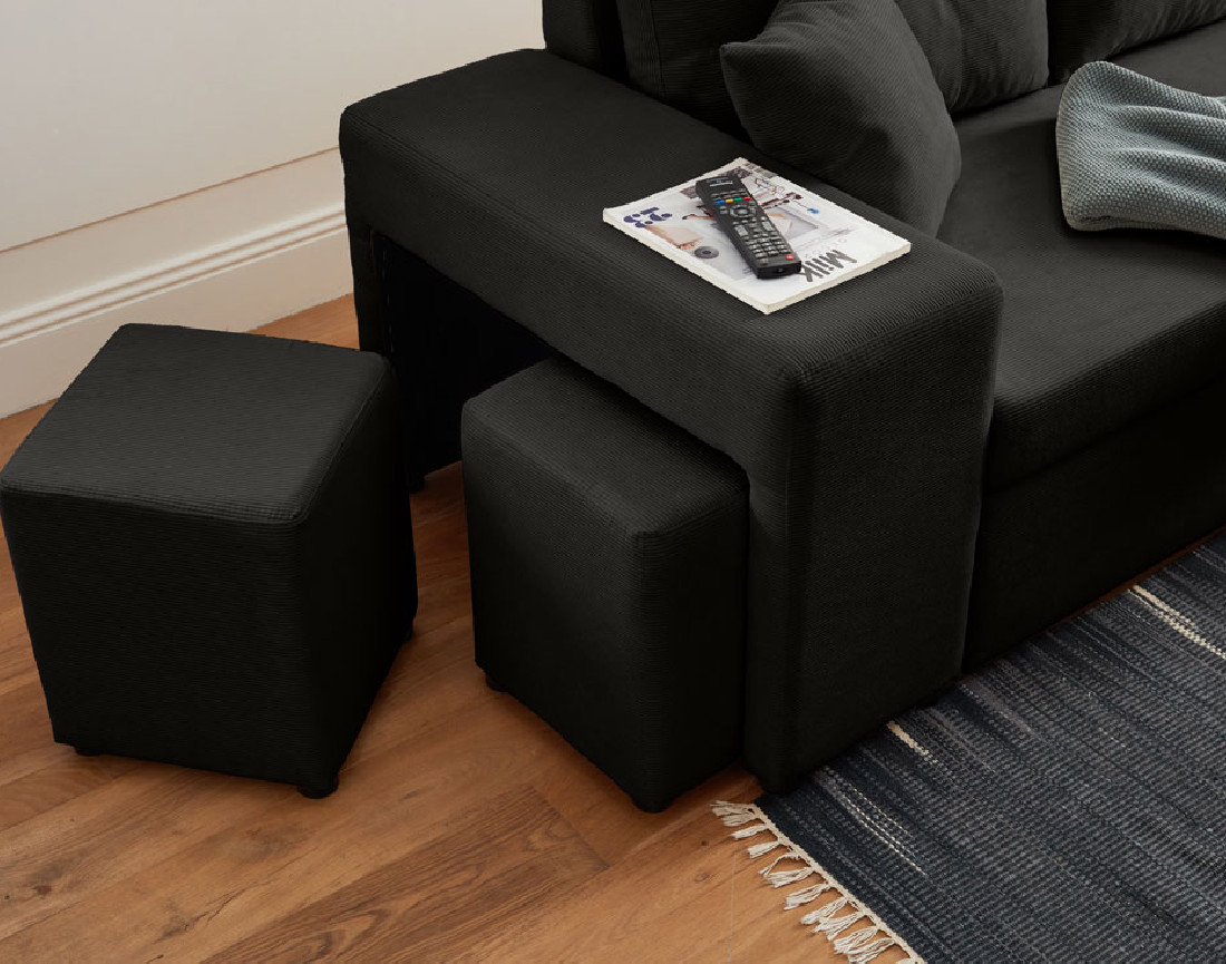 California - canapé d'angle réversible convertible 4 places avec poufs, coffre et tablette de rangement en velours côtelé