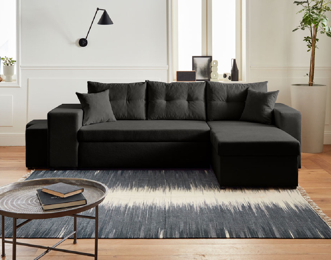 California - canapé d'angle réversible convertible 4 places avec poufs, coffre et tablette de rangement en velours côtelé