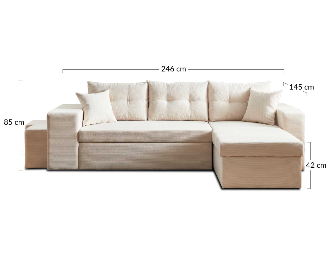 California - canapé d'angle réversible convertible 4 places avec poufs, coffre et tablette de rangement en velours côtelé