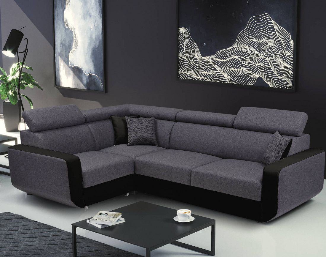 Dustin - Canapé d'angle L réversible - 5 places - Convertible avec coffre - Têtieres réglables