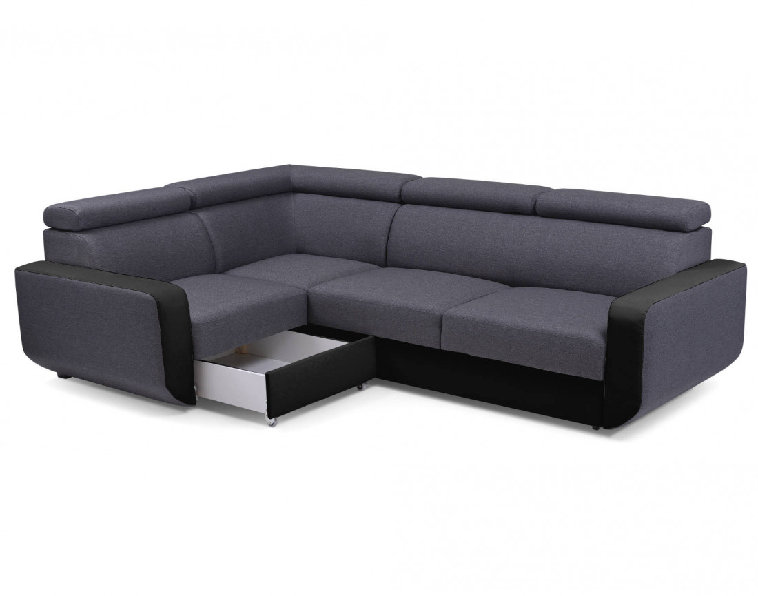 Dustin - Canapé d'angle L réversible - 5 places - Convertible avec coffre - Têtieres réglables