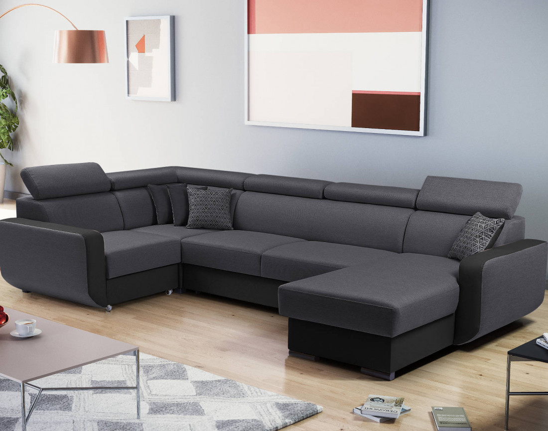 Dustin - Canapé d'angle réversible panoramique en U - 7 places - Convertible avec coffres - Têtières réglables