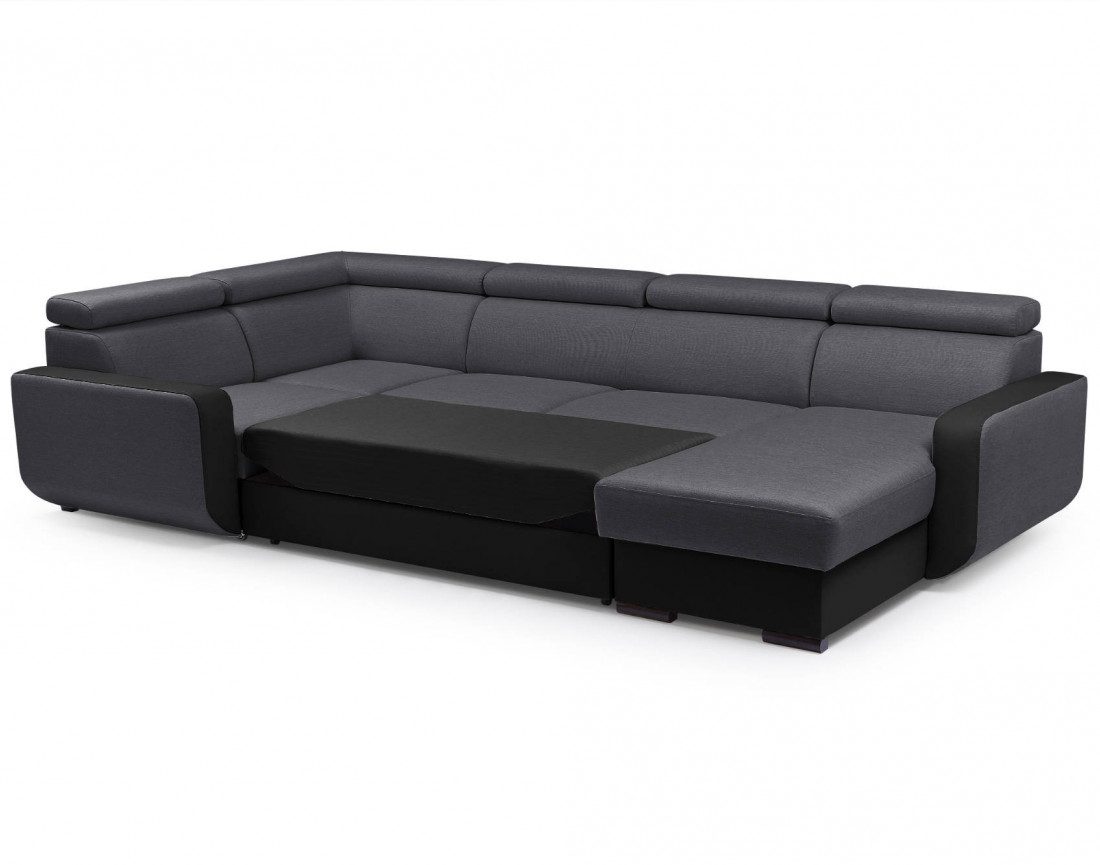 Dustin - Canapé d'angle réversible panoramique en U - 7 places - Convertible avec coffres - Têtières réglables